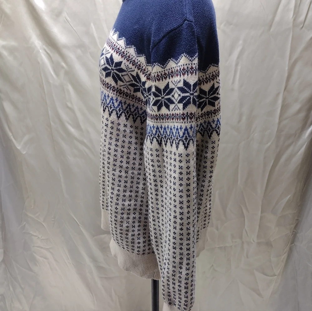 J. Crew Sweater Men's XL Fair Isle Cotton Snowflake Skiing Winter Blue BL173
